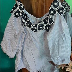 LOFT Blue Striped Blouse with Black Floral Trim